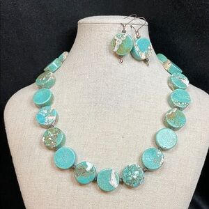 Faux Turquoise Stone Necklace and Earring Set, artisan made!